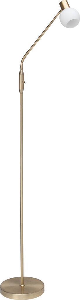 A floor lamp with a gold-colored metal stand and a white glass shade.