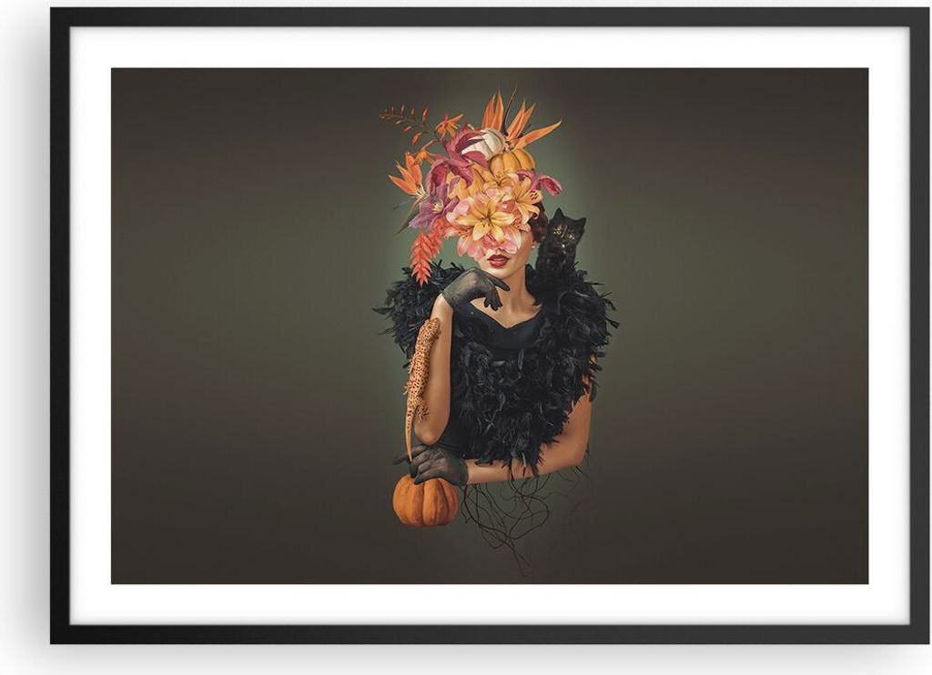 Gerahmtes Poster - Schwarzer Rahmen - Frau Katze Blumen - 70x50 cm - Wand Bild - Wanddeko - Wandbilder - Kunstposter - Wandposter - Bilderrahmen - ...