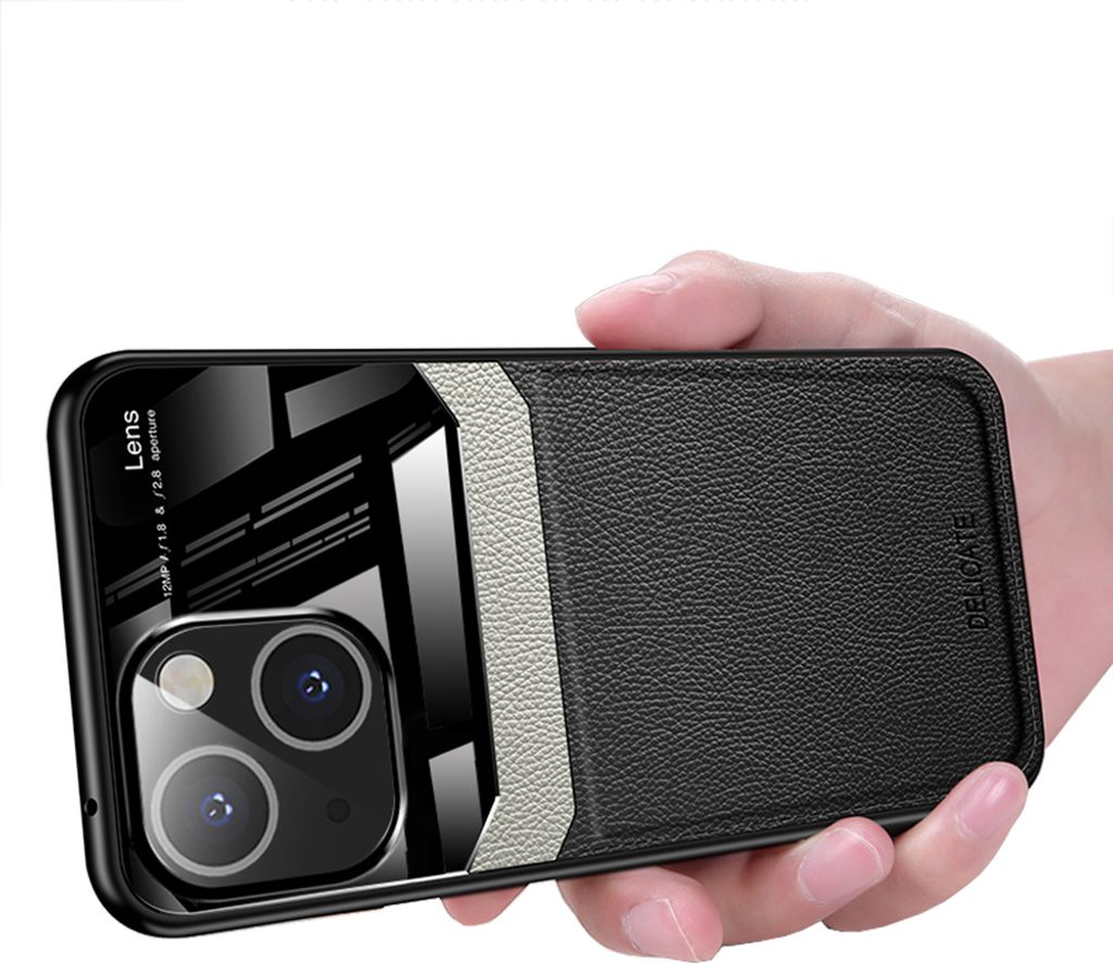 iPhone 13 Hülle, TPU Stossfest Anti-rutsch Leder Glas Len Hybrid Schutzhülle für iPhone 13 Schwarz
