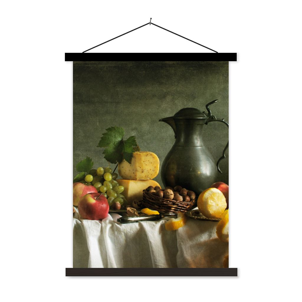 MuchoWow Textilposter Rustikal - Käse - Teekanne - Obst - Stilleben 120x160 cm mit schwarzem Rahmen - Magnetischer
