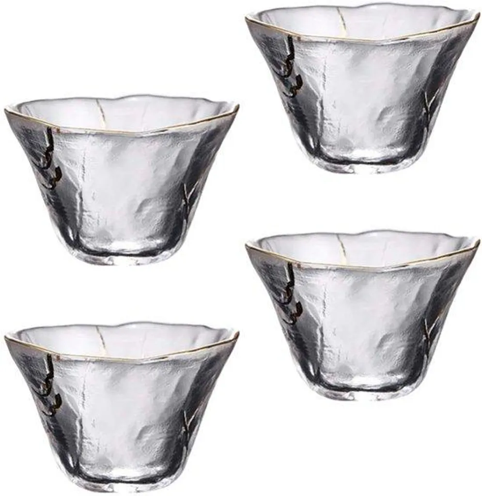 Verres à Saké Bordure Dorée 70ml en Verre Cristallin, Set de 4 Pièces