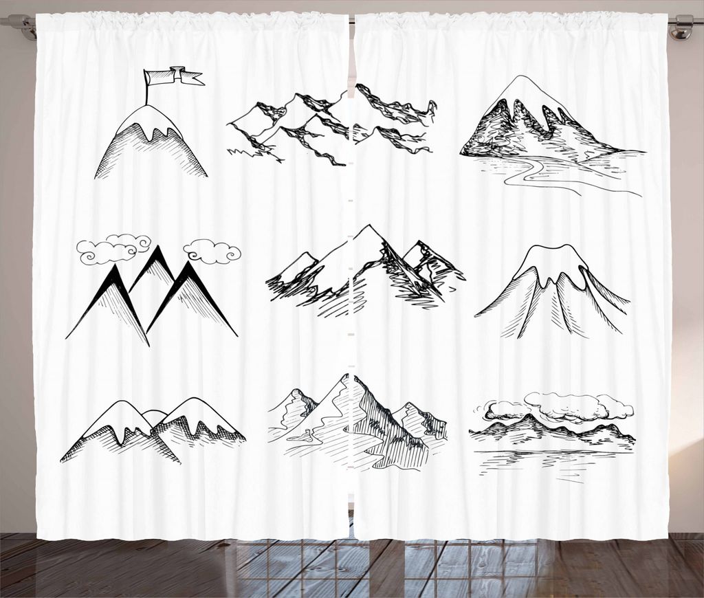 ABAKUHAUS Berg Rustikaler Gardine, Snowy-Spitzen Gekritzel, Schlafzimmer Kräuselband Vorhang mit Schlaufen und Haken, 280 x 225 cm, Weiß und Schwarz