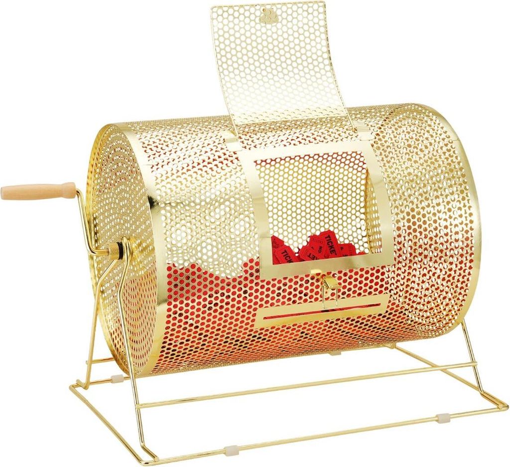 Gewinnspiel-Trommel, 16,1 x Ø12 Zoll, messingbeschichtet, Drehkäfig für Gewinnspiel-Lose, fasst 5000 Lose oder 200 Tischtennisbälle, Drehvorric...