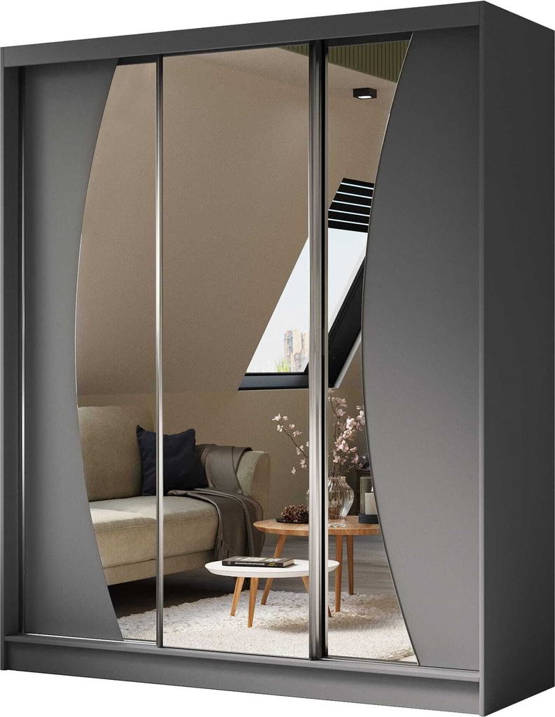 AGMAT Schwebetürenschrank Bergen, Kleiderschrank mit 2 Türen und Spiegel und 2 Schubladen, Moderne Garderobe in Farbe: Graphit / Graphit, Schrank...