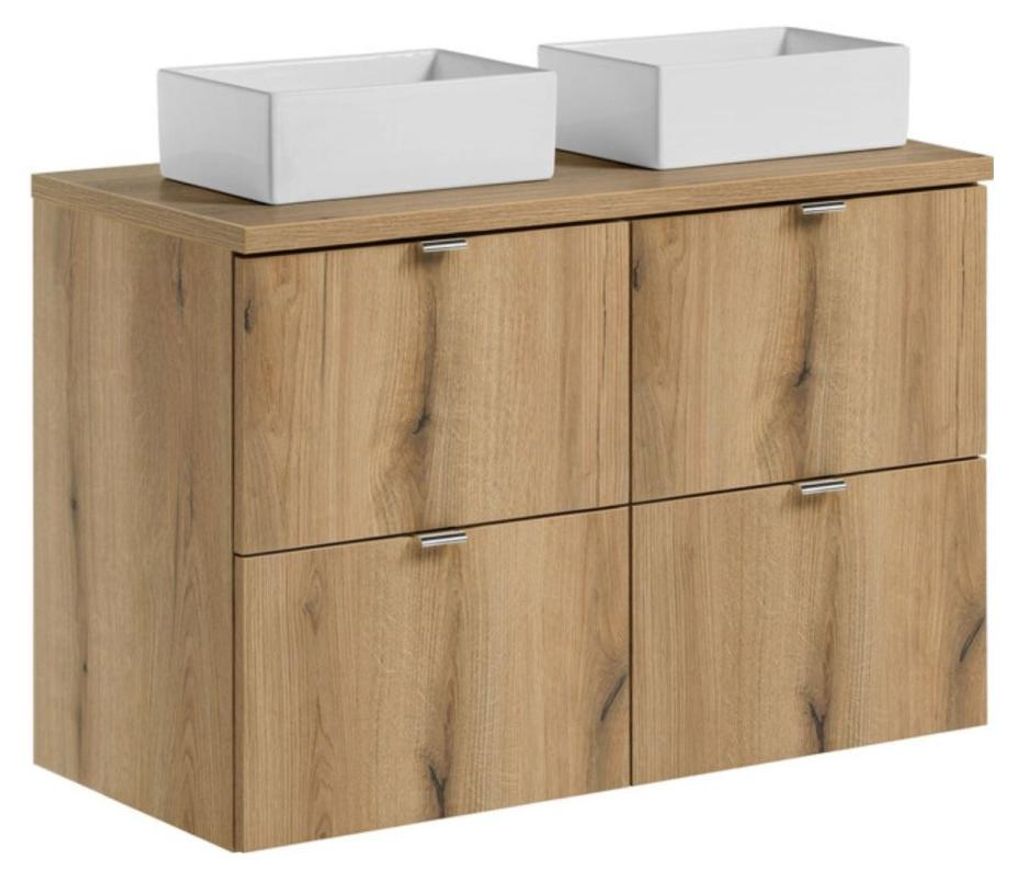 Wandhängendes Set VANO in Eichenoptik 100cm: Unterschränke mit Schubladen + Platte für Waschbecken + rechteckige Aufsatzwaschbecken