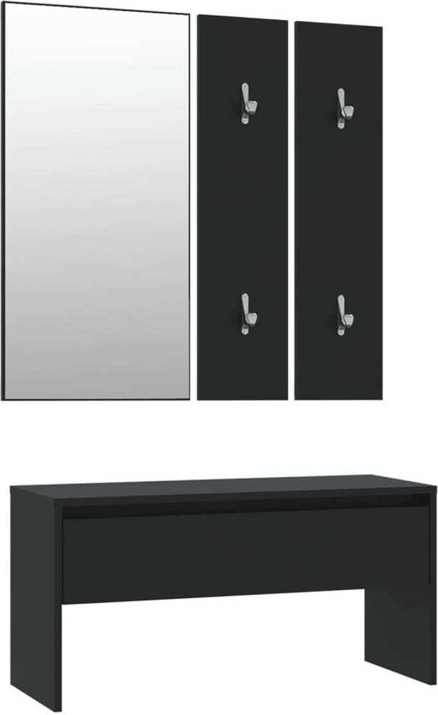 A set of black furniture including a mirror with hooks and a bench, displayed against a white background.