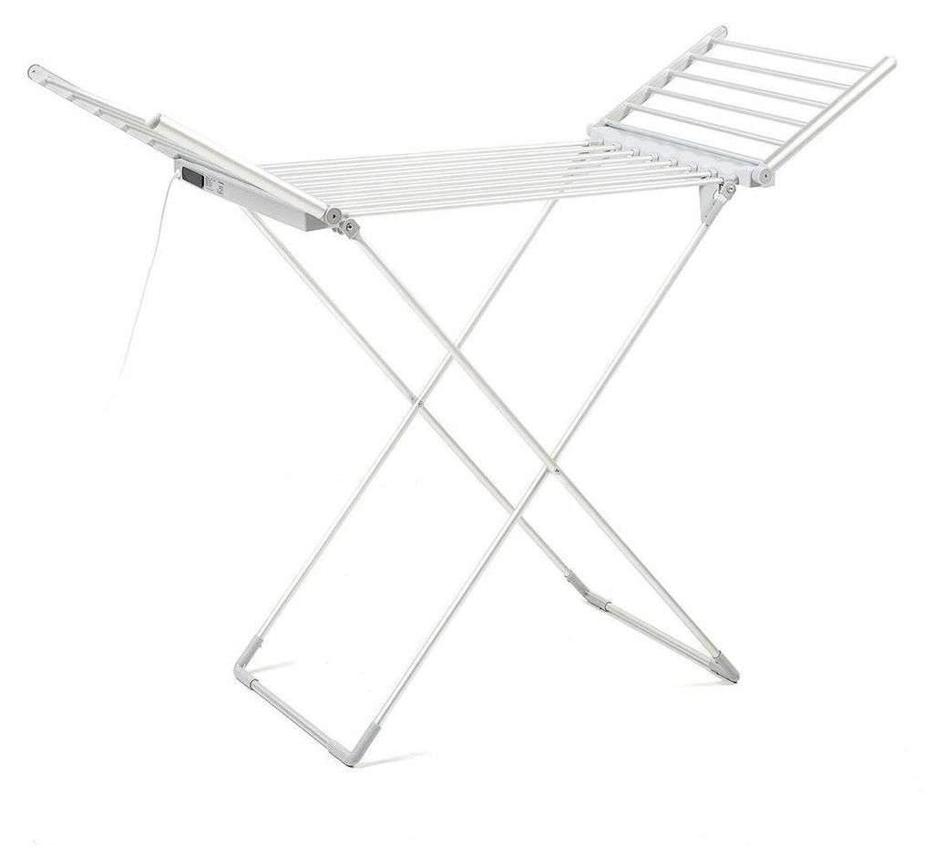 A white electric clothes drying rack is shown against a white background.
