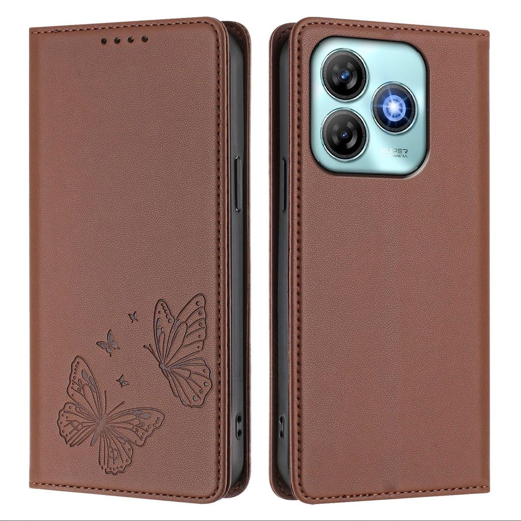 Lederhülle für ZTE Blade A75 4G, Schmetterling Prägung Leder Brieftasche Schutzhülle mit Ständer Braun