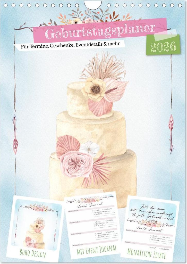 Geburtstagsplaner Boho Blau - Für Termine, Geschenke, Eventdetails & mehr (Wandkalender 2026 DIN A4 hoch), CALVENDO Monatskalender
