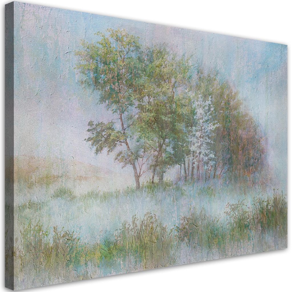 Leinwandbild bäume auf einer nebligen wiese 120x80 cm Feeby grün wandbild bereit zum aufhängen