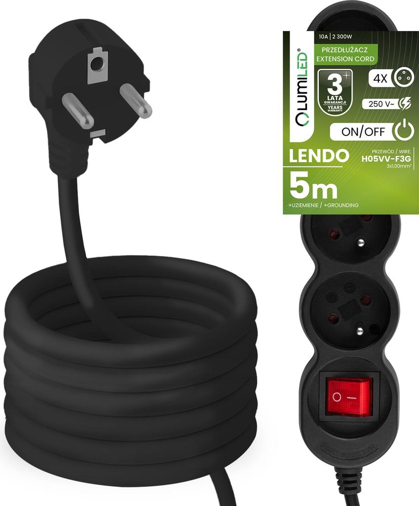 LUMILED Steckdosenleiste mit ON/OFF Schalter 4-Fach Steckdose Typ E, 5m Kabel H05VV-F3G schwarz Mehrfachsteckdose E Stecker 10A 2300W 250V IP20 Hal...