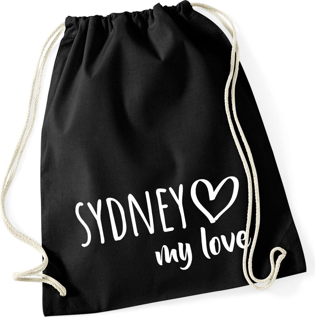 Huuraa Turnbeutel Sydney my love 12 Liter Black Baumwolle Rucksack Geschenkidee