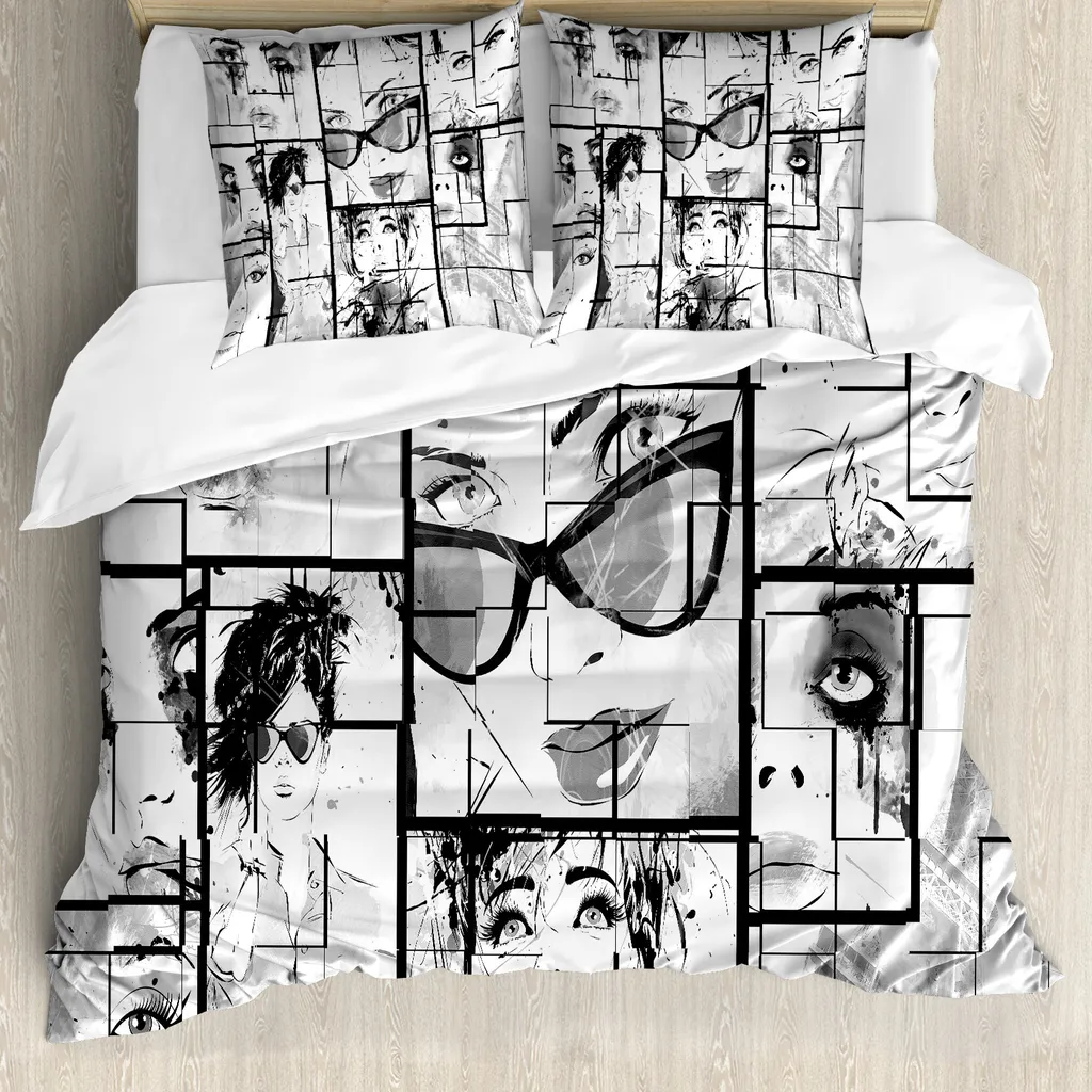 ABAKUHAUS Copripiumino Torre Eiffel, Ragazza moderna di Parigi, Antiacaro, Adatto a chi soffre di allergie, con federe, 200 cm x 200 cm - 80 x 80 cm, Nero Bianco Grigio