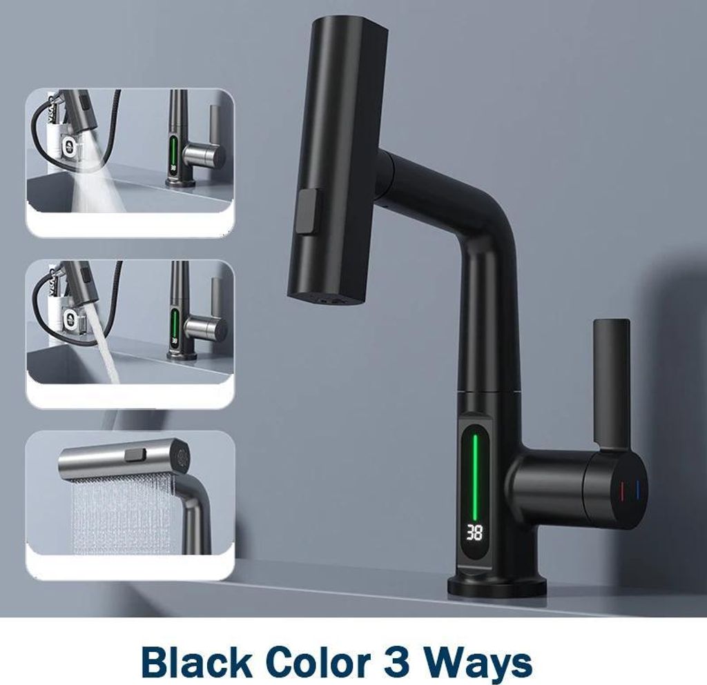 Badezimmerarmatur - Waschbeckenarmatur - Ausziehbrause mit 3 Funktionen - Digitales Display - Einhebel Warm/Kalt - Keramikkartusche - Mattschwarz