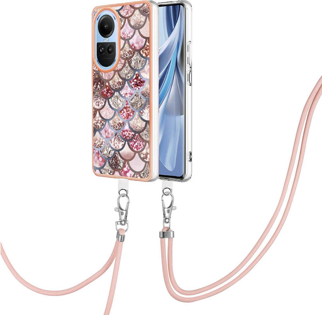 Handykette Hülle für Oppo Reno10 5G Muster TPU Schutzhülle mit verstellbarem Tragegurt Kaffee