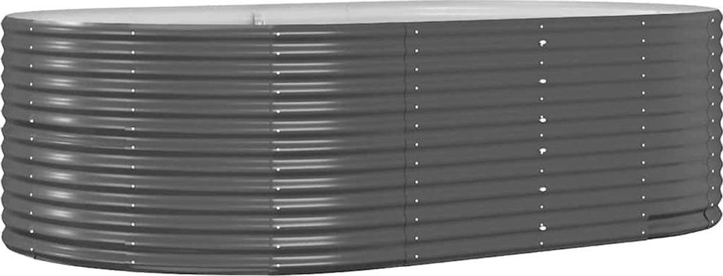 A dark gray, corrugated metal raised garden bed is shown from a slightly elevated side view against a light gray background.