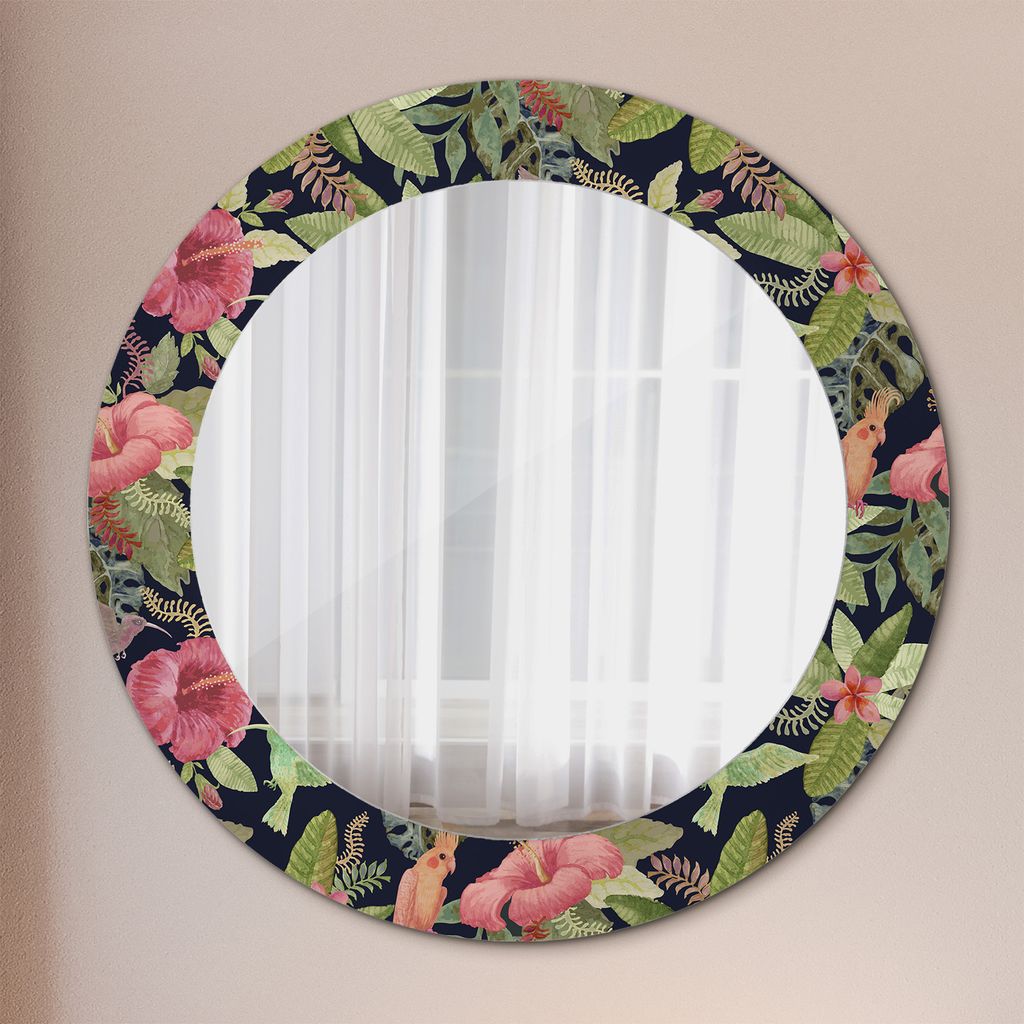 Kosmetikspiegel Spiegel - Flurspiegel - Spiegel mit Modischem Print – Dekospiegel - Hibiskus Blumen - Runder: Ø60 cm