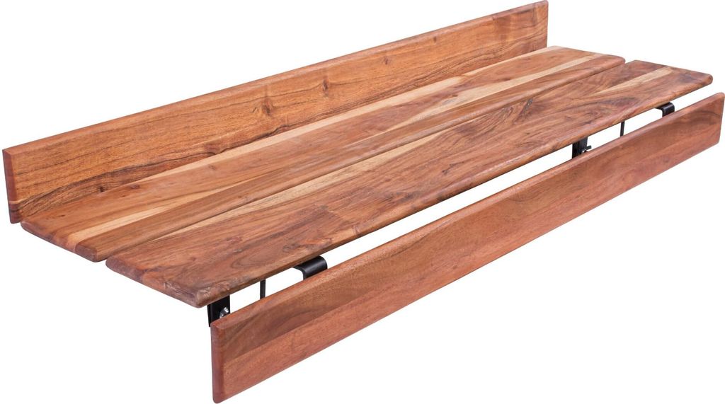 A wooden balcony shelf or table mounted on a railing.