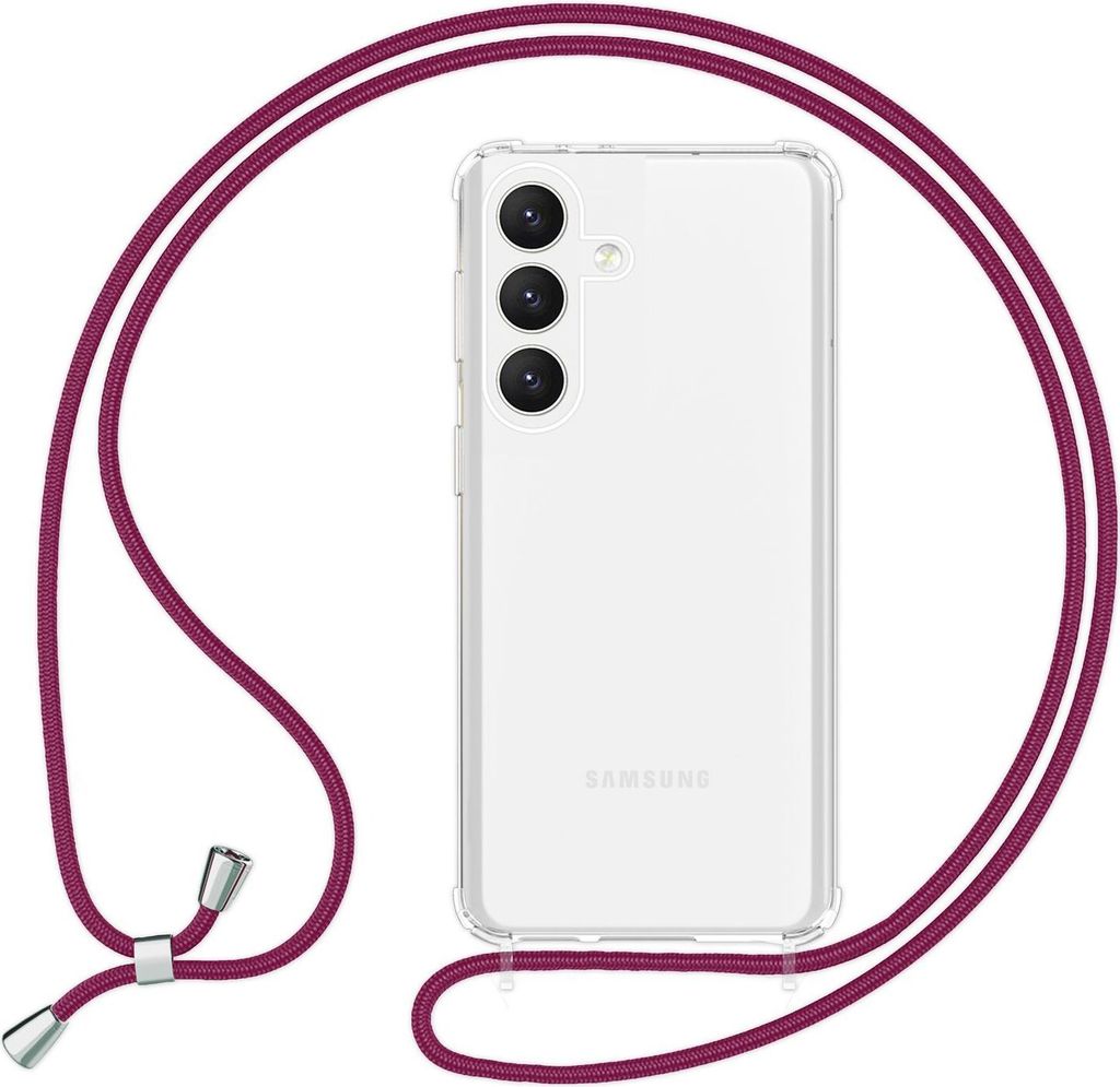 NALIA Klare Schutzhülle mit Kette für Samsung Galaxy S24 Plus Hülle, Transparente Stabile Handyhülle mit Umhänge-Band Rot