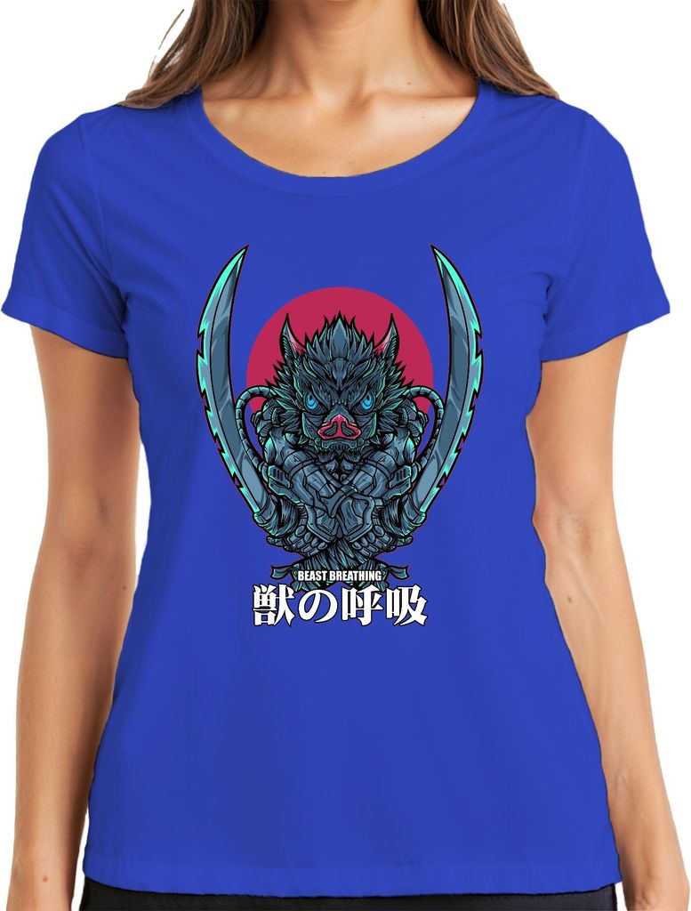 Beast Breathing Samurai Schwert Wildschwein Maske düster Damen T-Shirt, Blau, 3XL