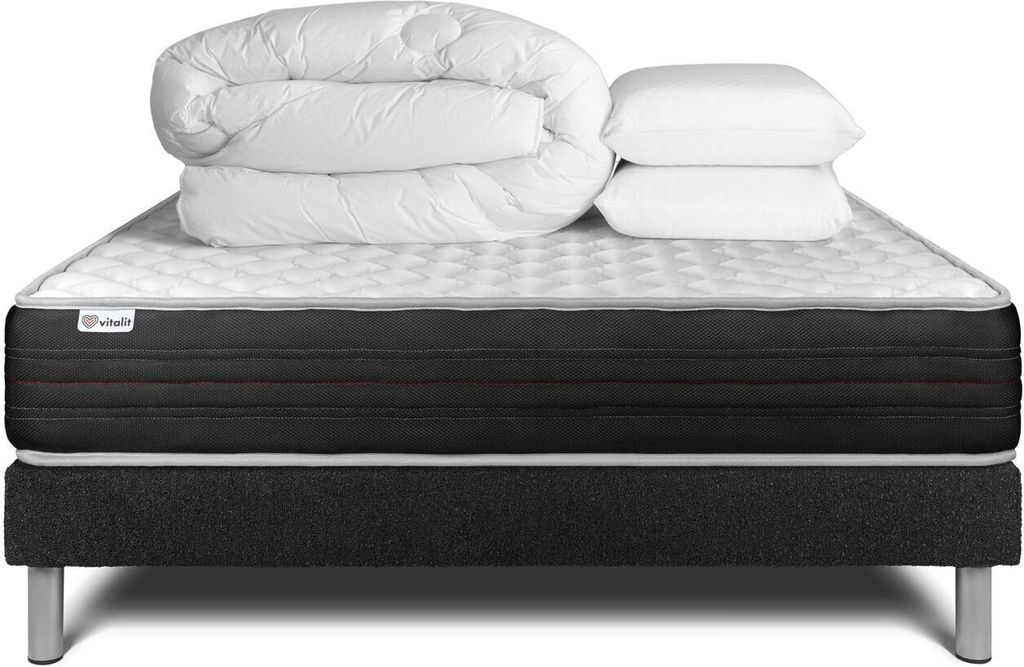 Komplettpaket Bett - Matratze 140x190 cm + Boxspringbett mit Lattenrost (im Set) + 2 Kopfkissen + Bettdecke - Vitalmemo One