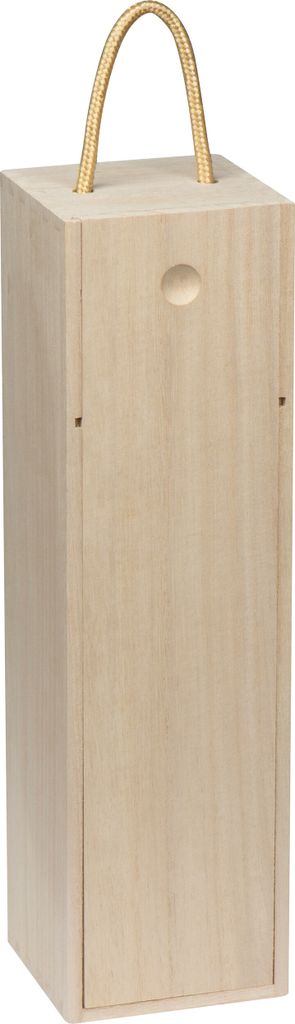 A light-colored wooden box with a woven handle.