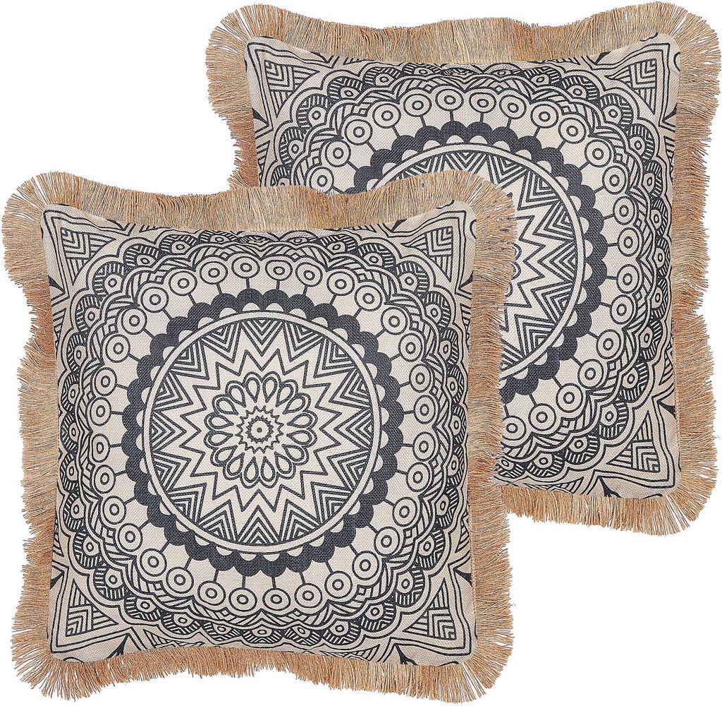 BELIANI Dekokissen 2er Set Beige / Schwarz 45 x 45 cm Quadratisch mit Fransen Orientalisches Muster Boho Stil Modern Wohnaccessoires Deko für Sofa...