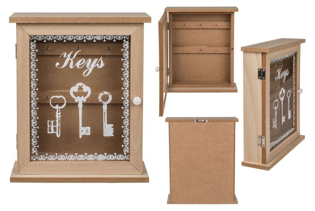 Schlüsselkasten Naturfarben Holz 6 Haken Keys Schriftzug Produktbild 