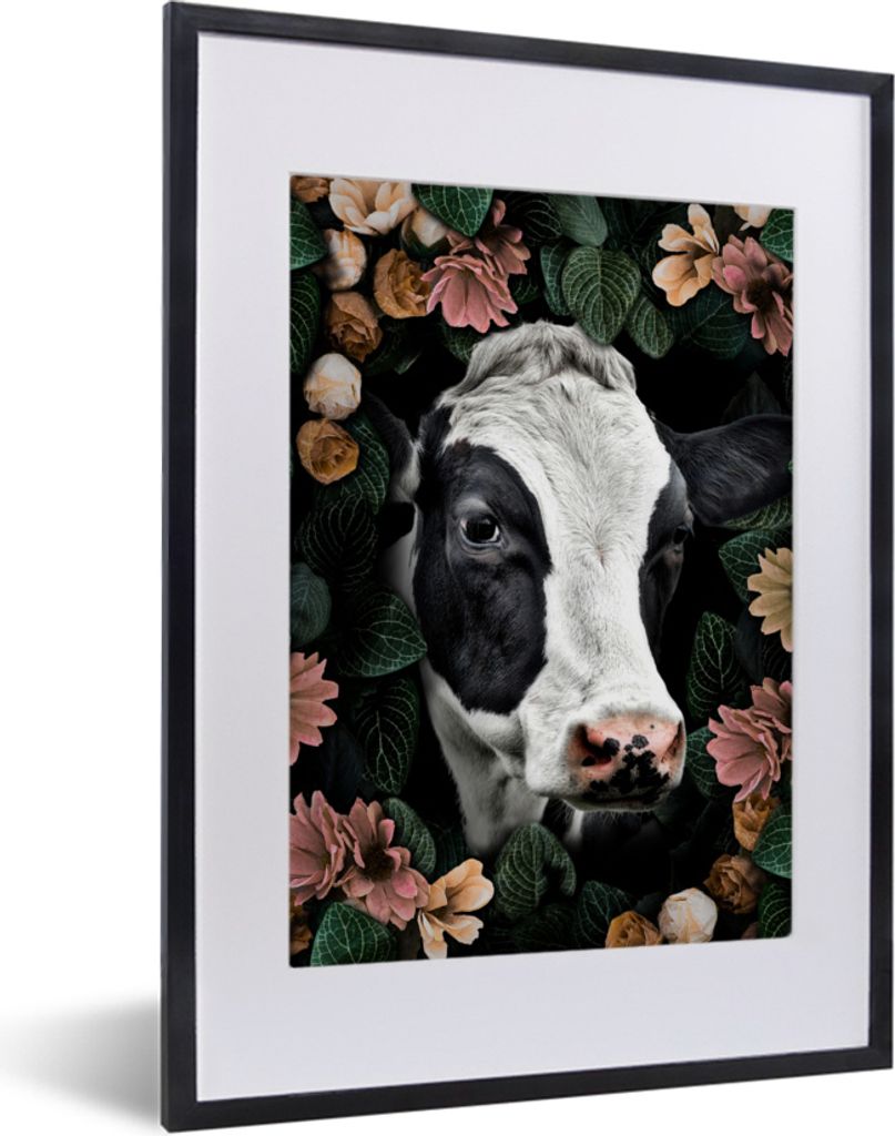 MuchoWow MuchoWow Gerahmtes Poster Kuh - Blumen - Blätter 30x40 cm - Poster mit zchwarzem Bilderrahmen - Wandposter Schlafzimmer