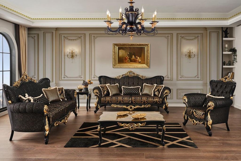 Casa Padrino Luxus Barock Wohnzimmer Set Braun / Schwarz / Gold - 2 Sofas & 2 Sessel & 1 Couchtisch & 2 Beistelltische - Wohnzimmer Möbel im Baroc...