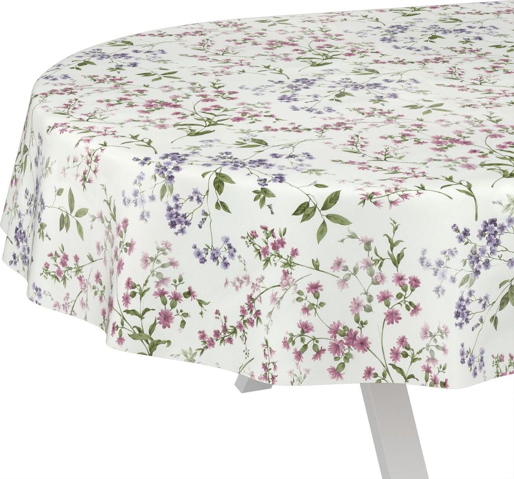 Tischdecke Botanic Blümchen Weiß Bunt Oval 180x140cm Schnittkante Wachstuch abwaschbar