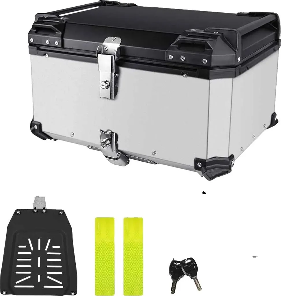 Top Case Moto Voyage 65L Argenté - Bagage Universel Grand Volume Alu
