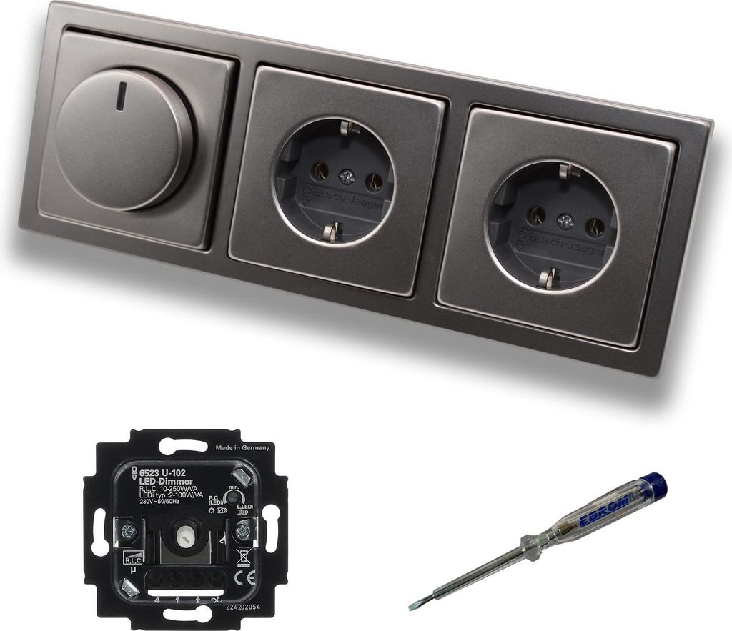 Busch Jäger 6523U-102 LED Drehdimmer Dimmer + Dimmerscheibe 6540-866-102 und 2 x Steckdose mit Kinderschutz 20EUCKS-866 in PUR Edelstahl + EBROM P...