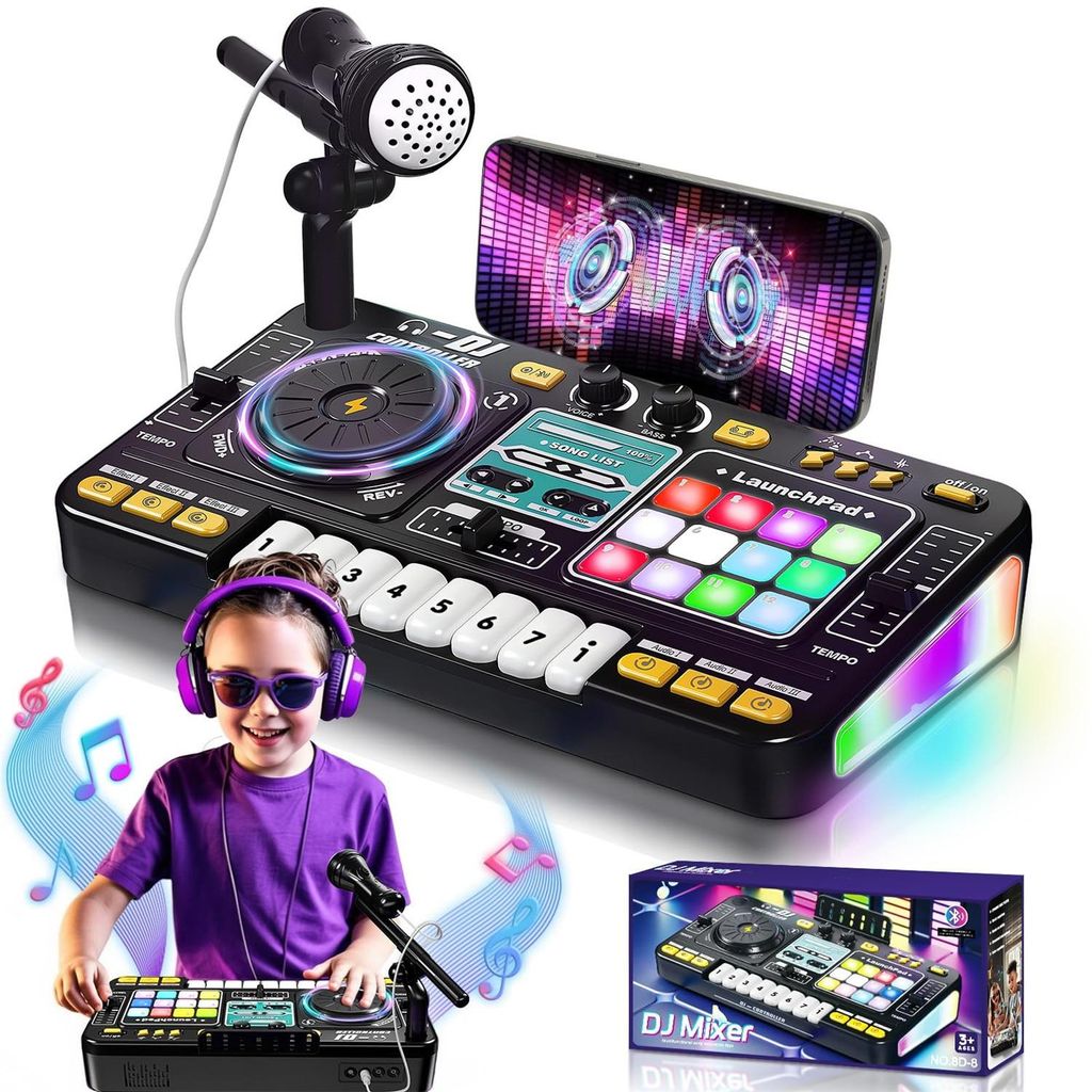 DJ Mischpult DJ Pult fuer Kinder 3-10 Jahre DJ Controller DJ Mixer Musikinstrumente mit Mikrofon 100+ Soundeffekten Licht Akku, Geschenk Spielzeug ...