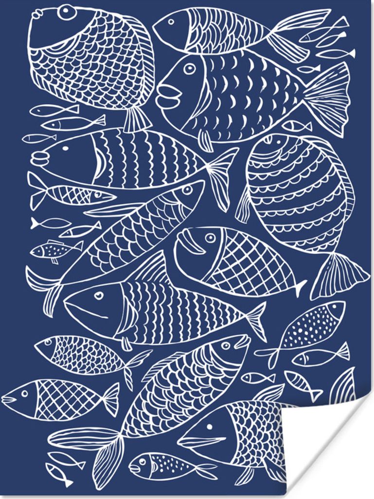 MuchoWow Poster Illustration von Fischen auf einem dunkelblauen Hintergrund 30x40 cm - Wandplakat - Poster Kinderzimmer