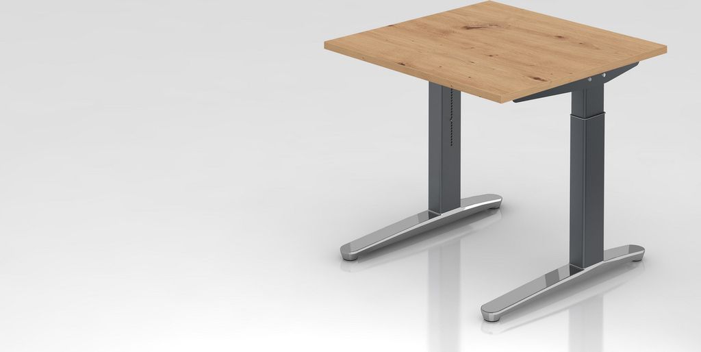 Schreibtisch Mika | Asteiche | Graues Gestell poliert | BxT 80x80cm | Arbeitshöhe 65-85cm | höhenjustierbar, 1cm Raster | C-Fuß-Gestell | Rechte...