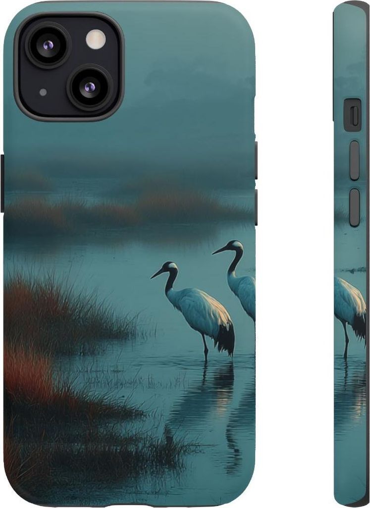 Zwei Kraniche im nebligen Feuchtgebiet – Hülle Kompatibel mit iPhone 13