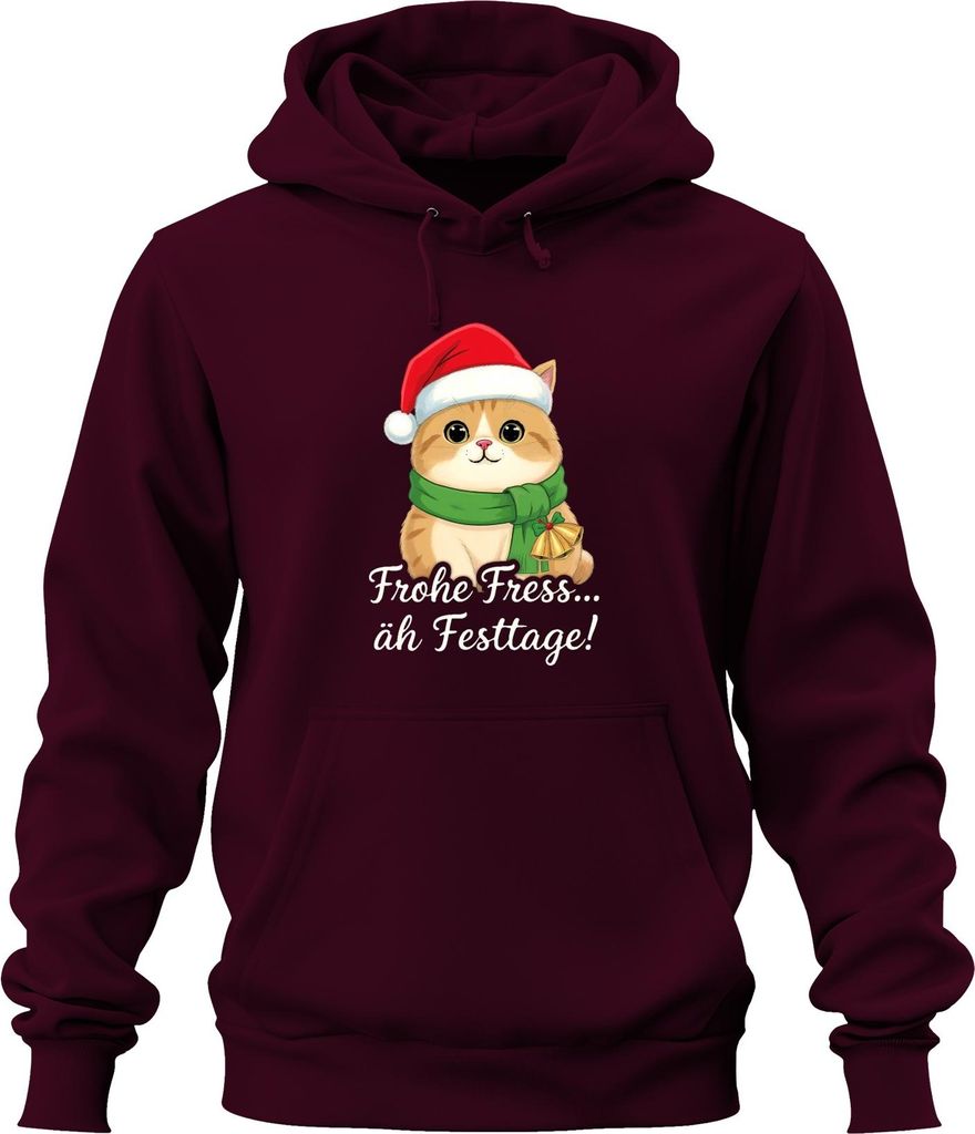 Frohe Fress äh Festtage Kätzchen Weihnachtsmann niedlich Uni Hoodie Kapuzenpullover, Burgundy, XXL