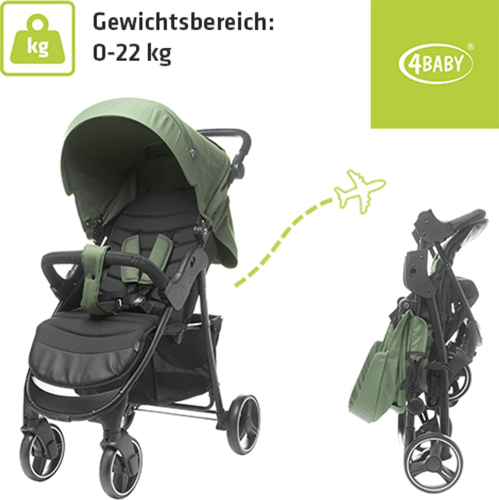 4Baby | Kinderwagen - Buggy Kinderwagen - Kompakt - Olive - Leichtgewicht - Verstellbare Rückenlehne - bis zu 22 kg - Rapid