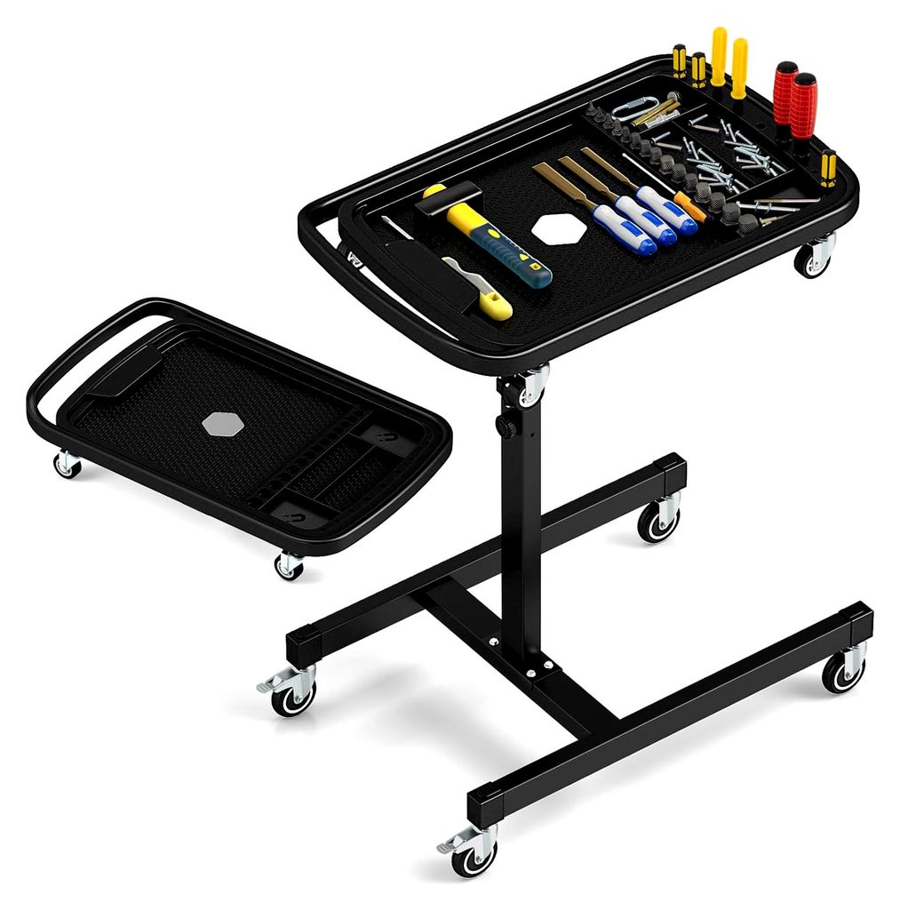 2-in-1 Werkzeugtisch mit Rollen, höhenverstellbarer Arbeitstisch mit abnehmbarem Fach, Mechaniker-Werkzeugwagen für Garage, Werkstatt, Reparaturs...