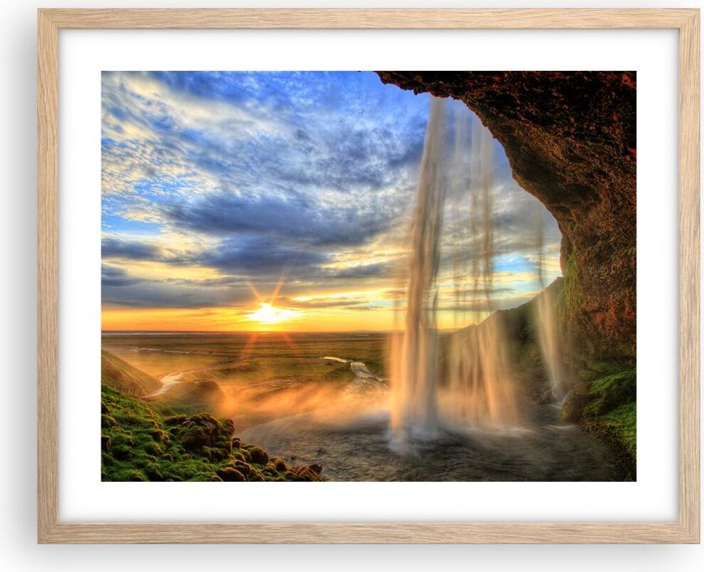 Gerahmtes Poster - Rahmen in heller Eiche - Wasserfall Natur Park Sonne - 50x40 cm - Wand Bild - Wanddeko - Wandbilder - Wandposter - Bilderrahmen ...