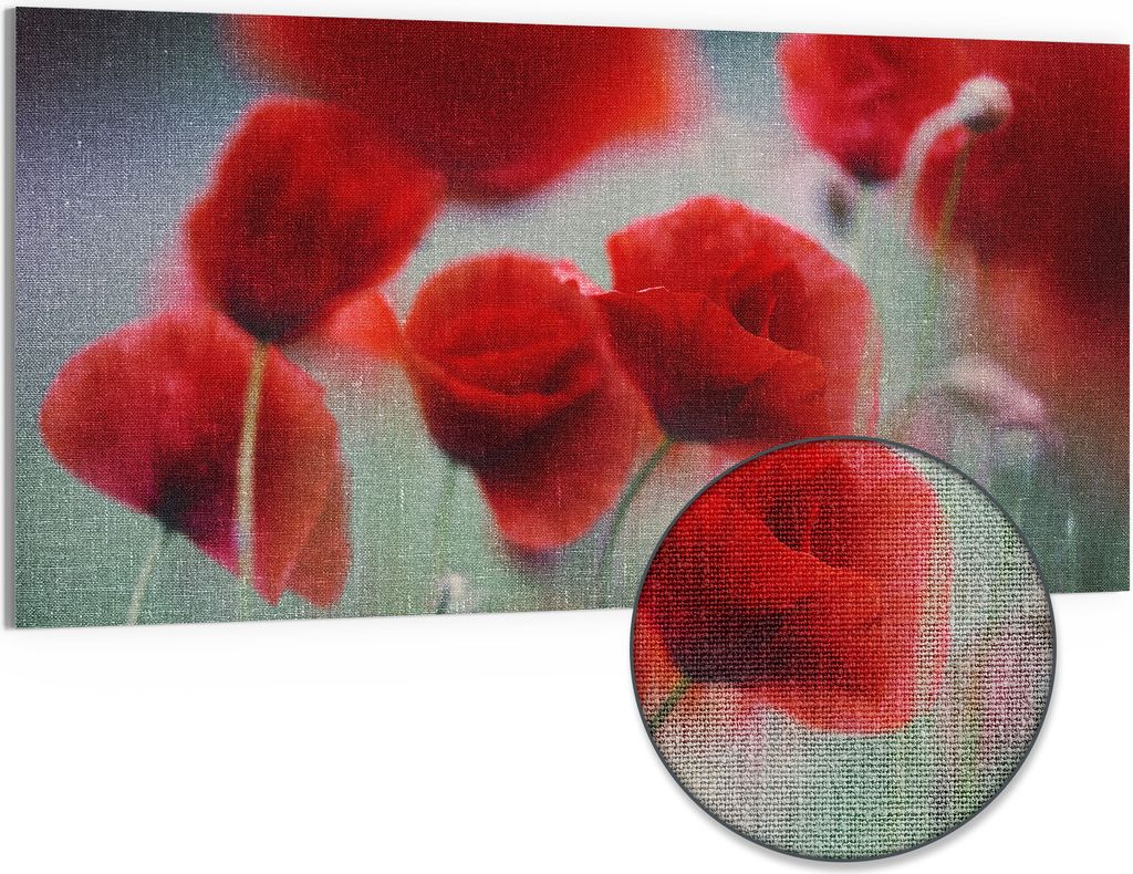 DEQORI Hybrid Leinwand Bild 100x50 cm 'Mohnblütenzauber' Wandbild Glas flach modern