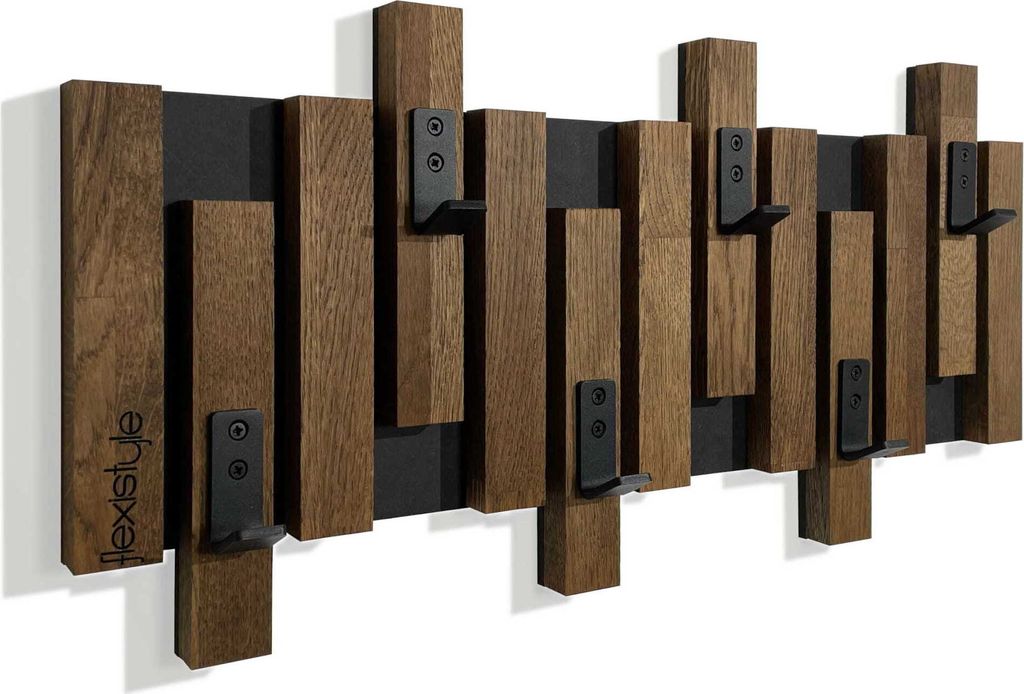 Kleiderhaken Wand Wandgarderobe Flurgarderobe Garderobe Flur Holz Eiche design Lamellen paneele Schwarz modern natur holz Gaderobenpanelle 60cm Braun