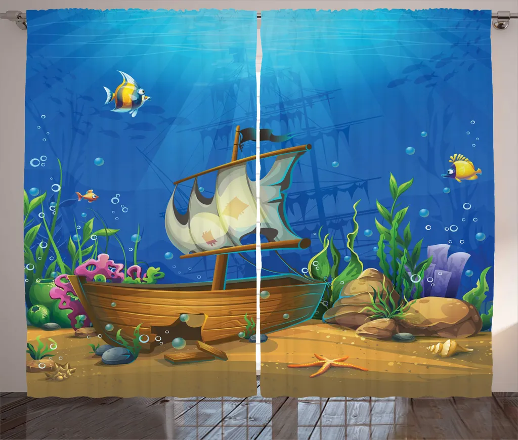 Rideau de Salon Imprimé Épave Sous-marine 280x225 cm en Bleu et Cobalt