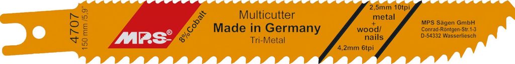 MPS Tri-Metall-Säbelsägeblatt GL 150/VL 130 mm ZT 4,2 mm / 2,5 mm / 4,2mm #4707-2 : GL 150/VL 130 mm ZT 4,2 mm / 2,5 mm / 4,2mm Ausführung: GL 1...