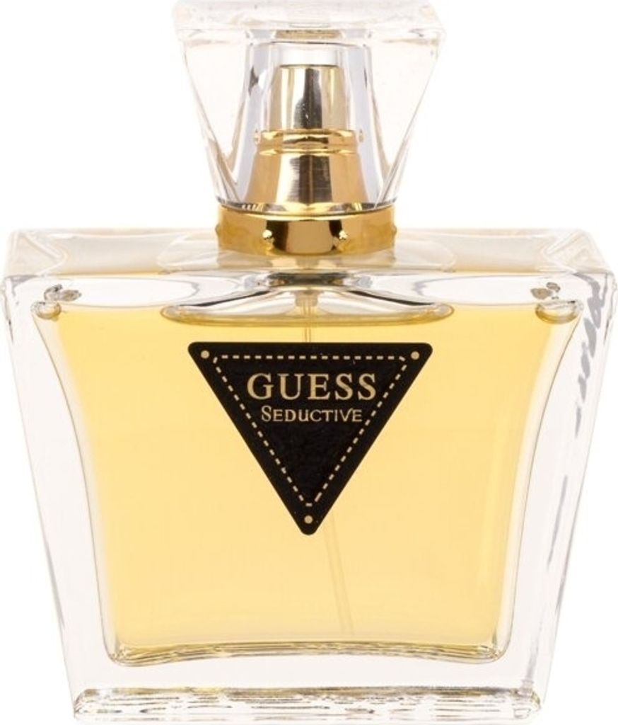 A clear, front-facing studio shot of a Guess Seductive perfume bottle.