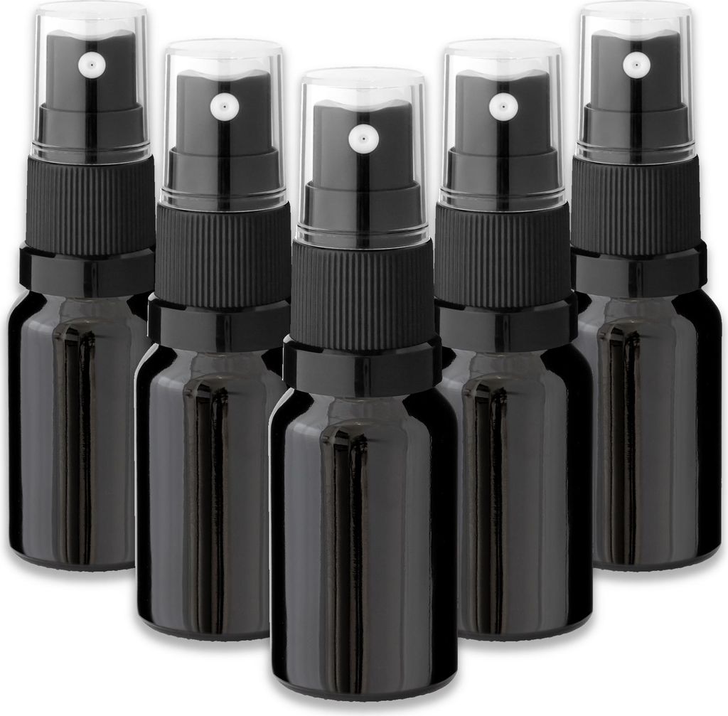5x Glasflasche schwarz 10 ml mit schwarzem Zerstäuber Produktbild 
