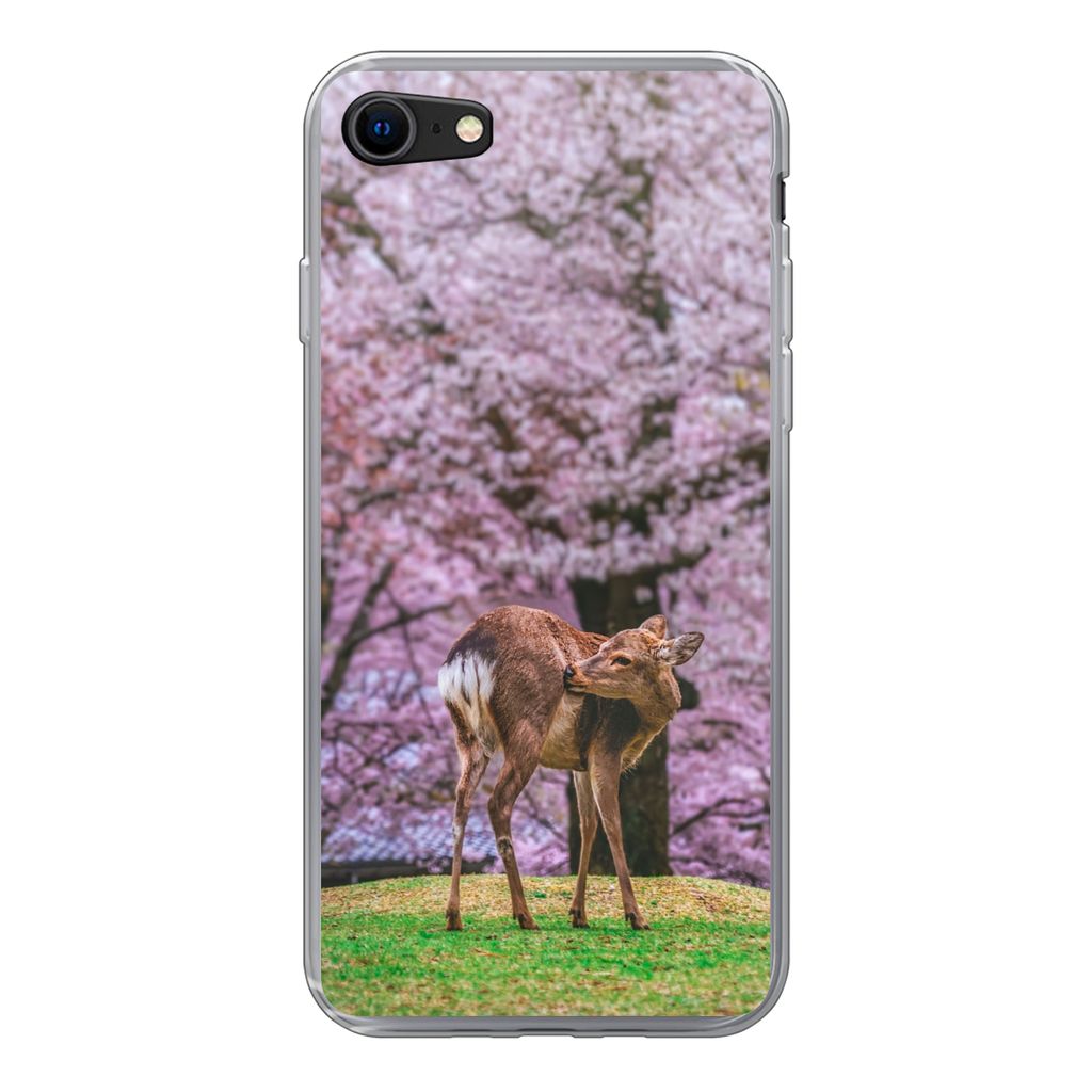 MuchoWow Handyhülle Schutzhülle Hülle für iPhone SE 2022 Hirsch - Rosa - Blüte Silikon Softcase Handy Hülle - Schutzhülle