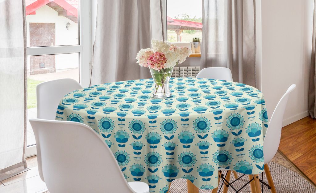 ABAKUHAUS Blumen Runde Tischdecke, Folkloric Abstrakte Blumen, Kreis Tischdecke Abdeckung für Esszimmer Küche Dekoration, 150 cm, Sea Blue Creme