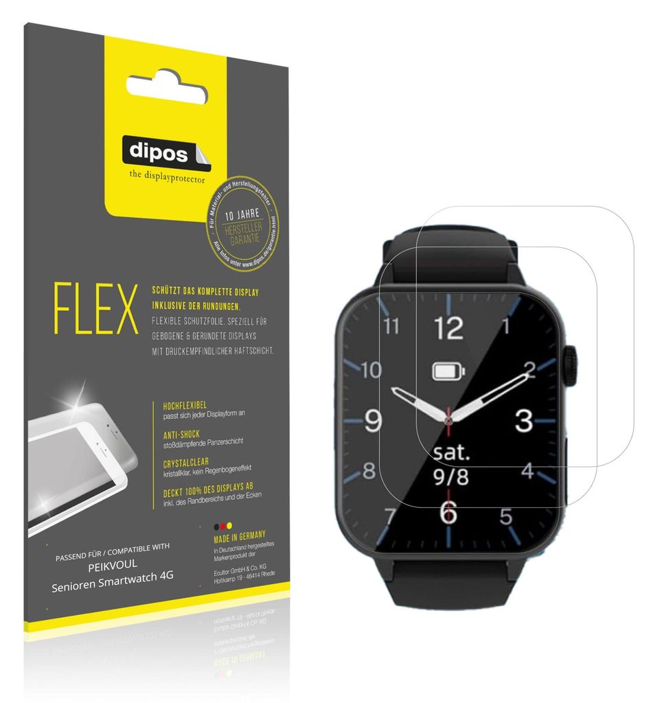 2x Schutzfolie für PEIKVOUL Senioren Smartwatch 4G Folie, 100% Displayabdeckung, dipos Flex